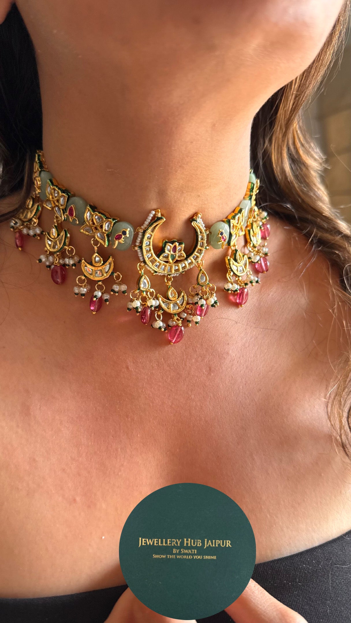 Mennakari mint inlay half moon shape Necklace