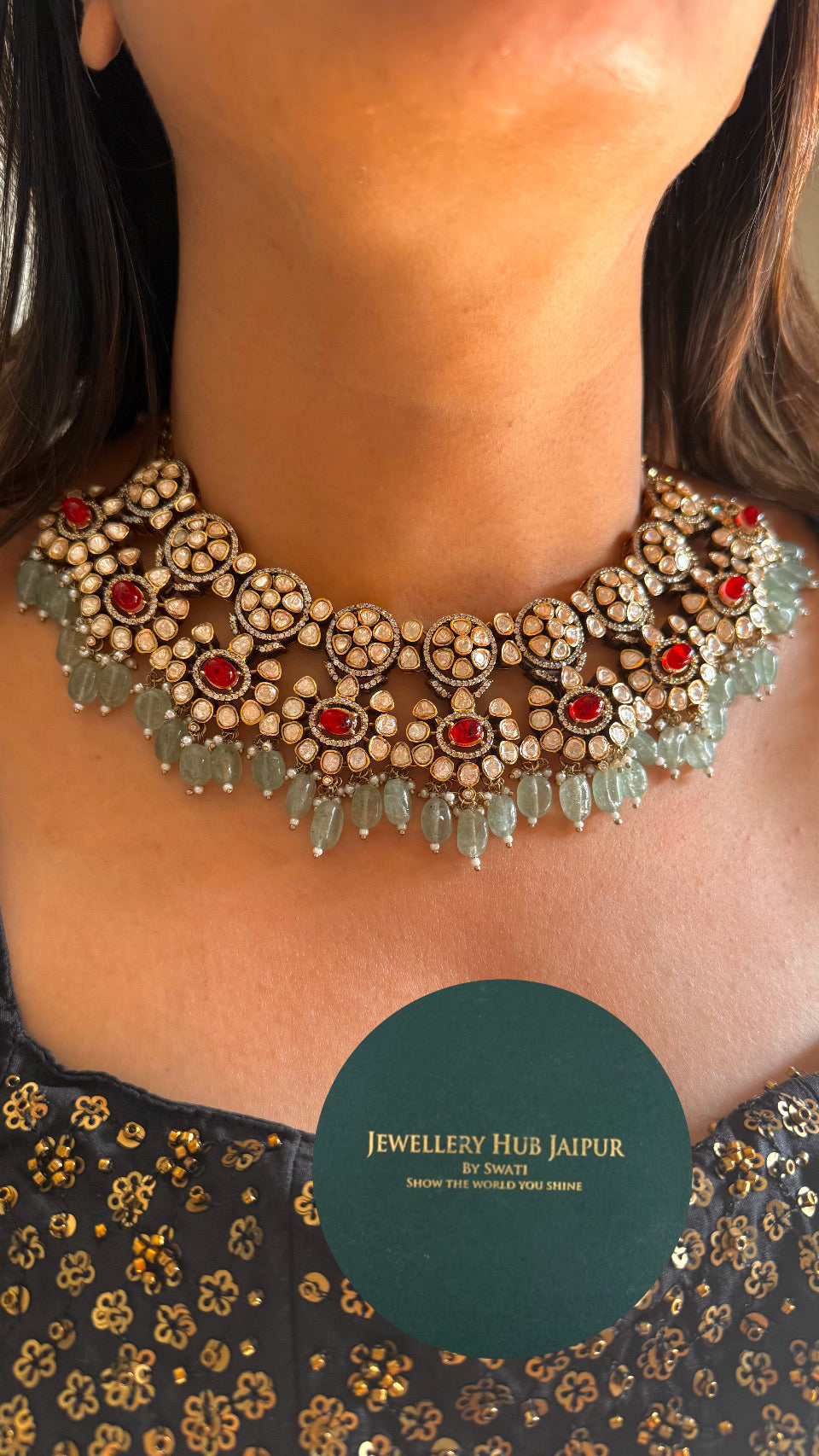 Ruby & mint drop peeli polka floral moissanite necklace