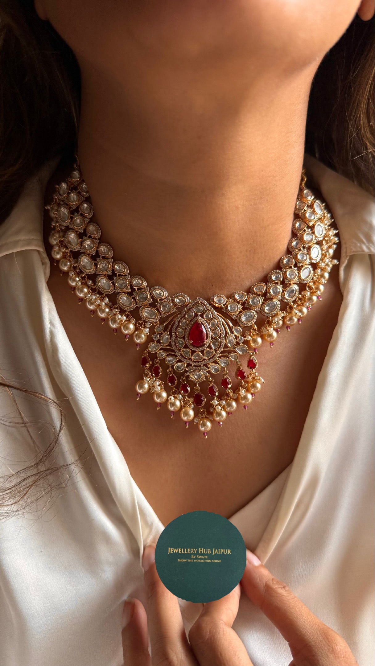 Ruby doublets & moissanite polki necklace with maangtika