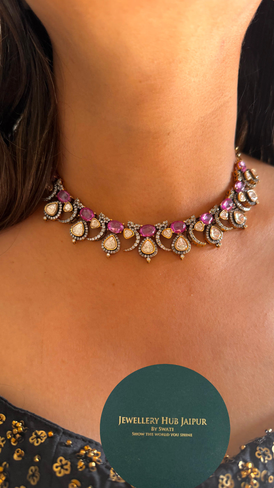 Rani pink moissanite peeli polki collar minimal set