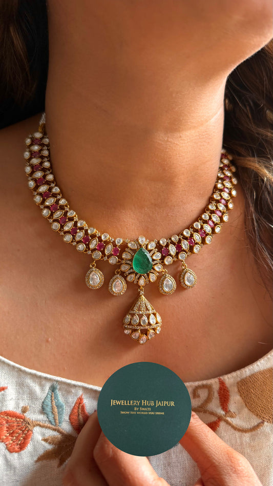 Emerald & rani pink doublets real Moissanite collar necklace