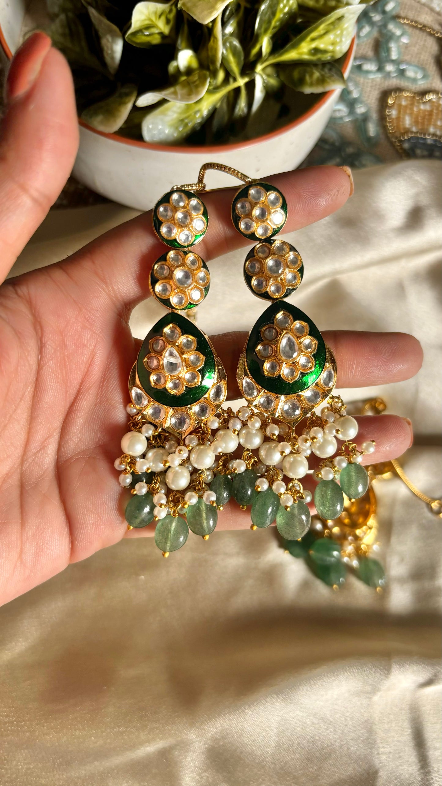 Emerald gold meenakari earrings