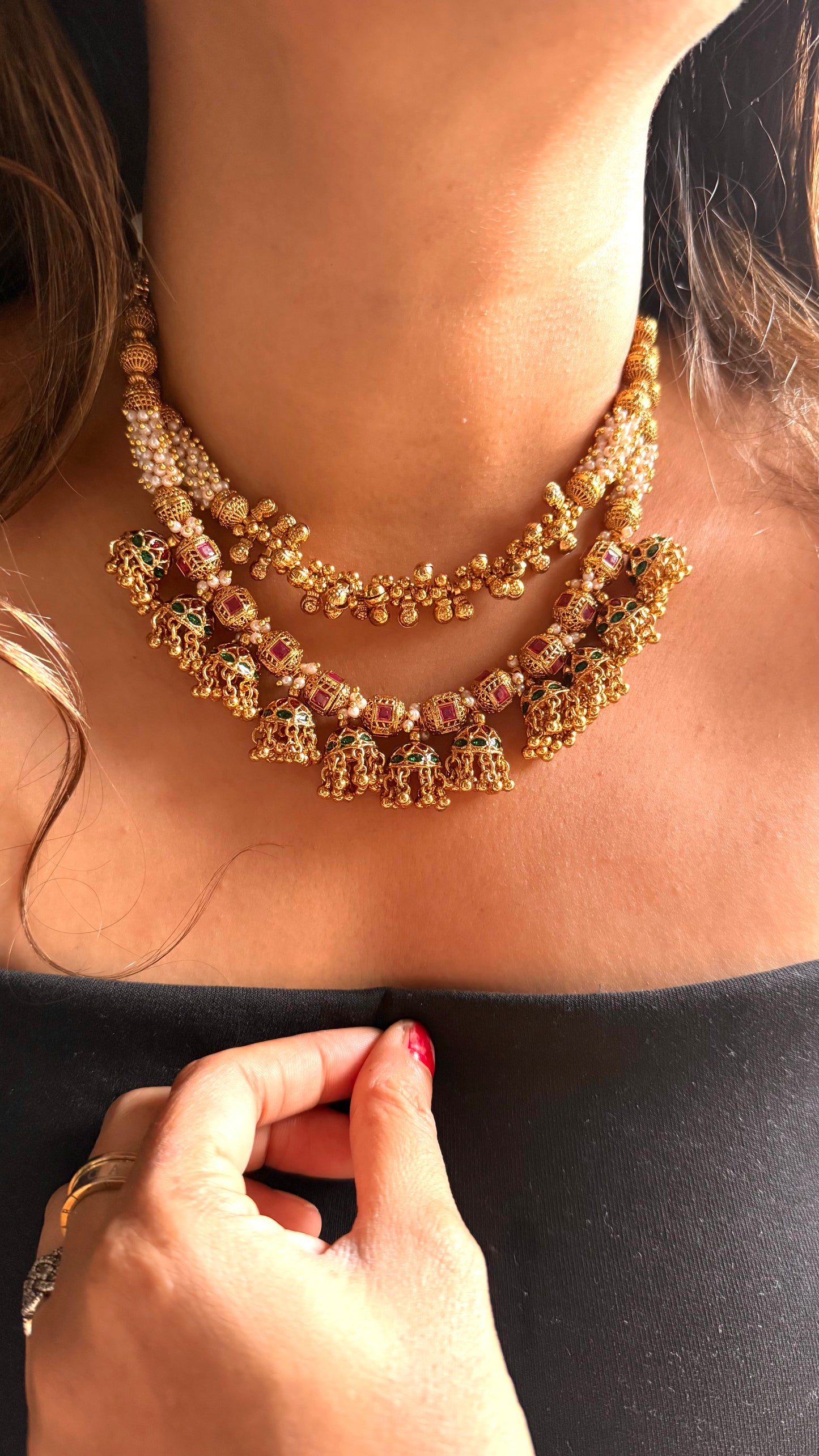 Dual line Rajwada Jhumki necklace