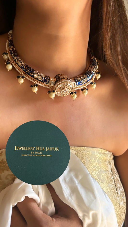 Rajwada meenakari sapphire moissanite hasli