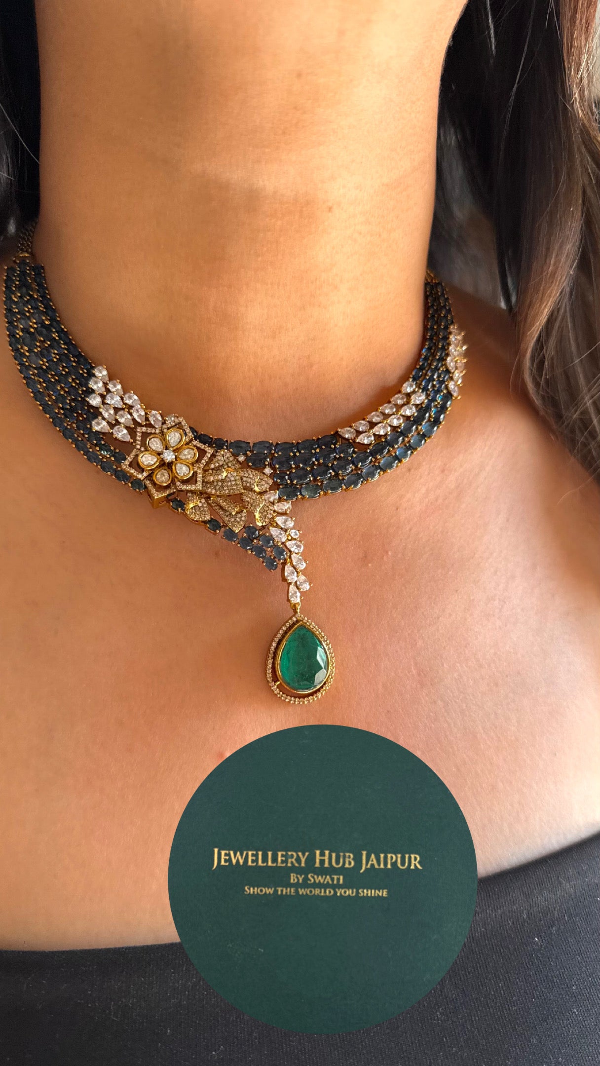 Sapphire floral emerald tear drop necklace
