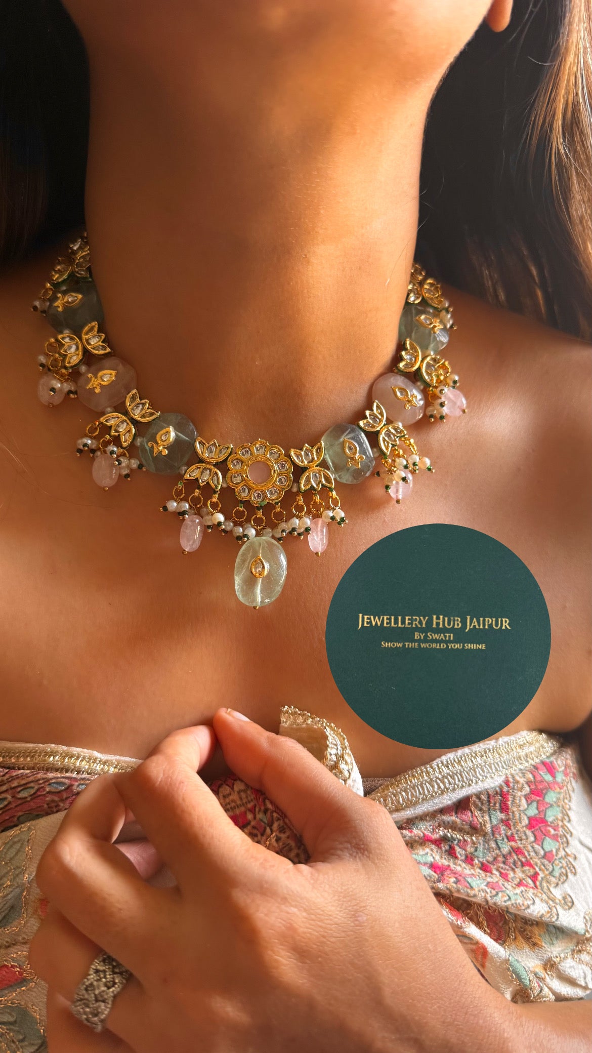 Mint & rose quartz inlay work with emerald meenakari paachi collar set