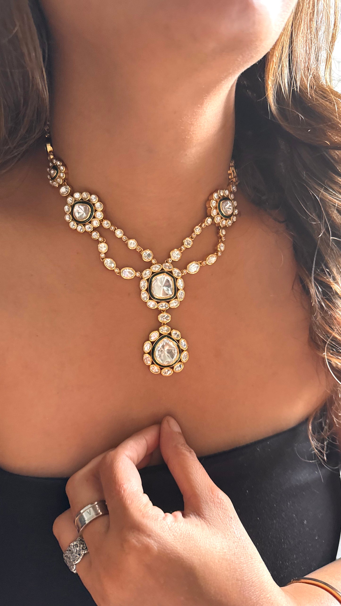 Emerald uncut polki meenakari designer dual line neckalce
