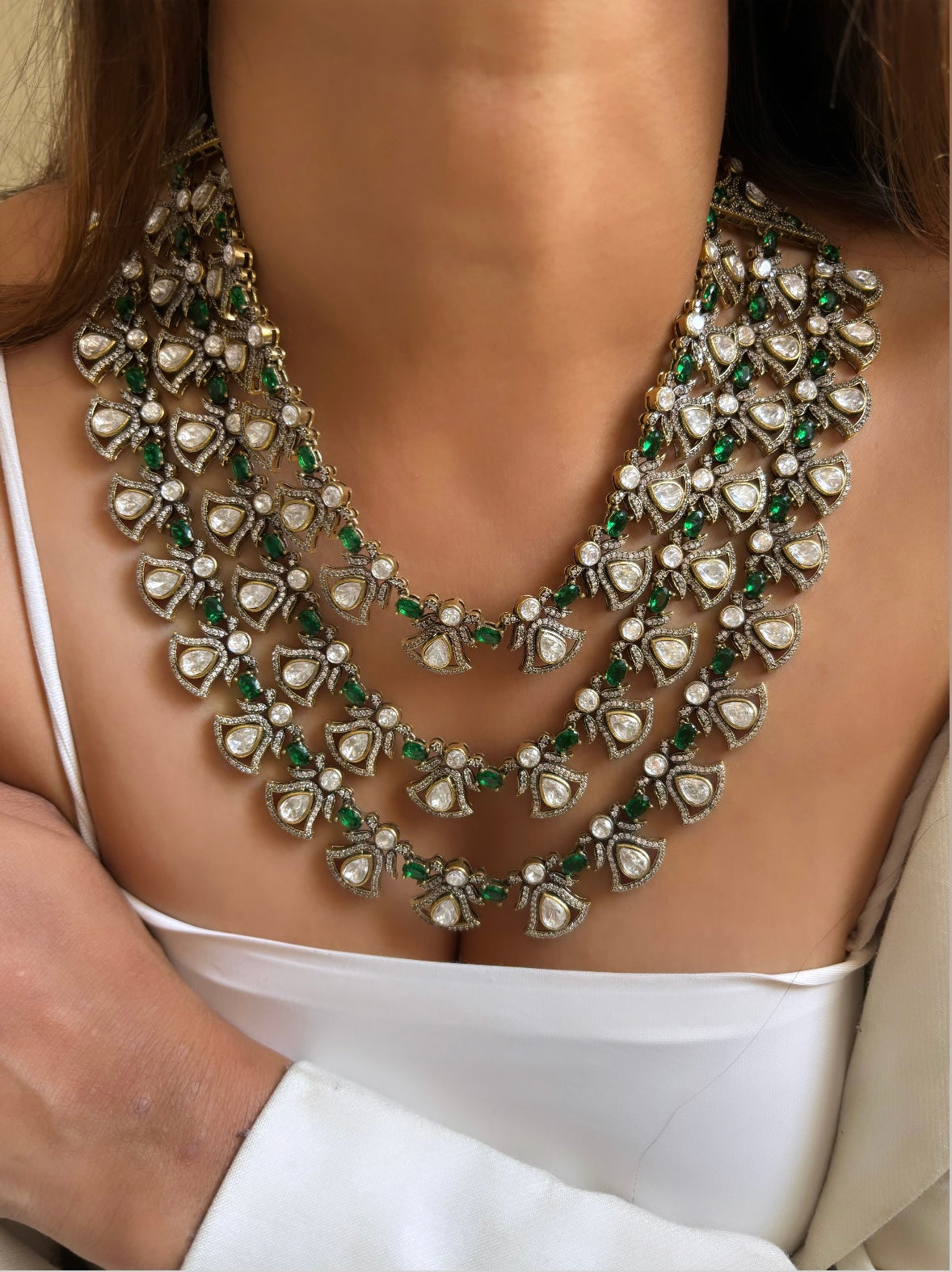 Emerald tripple layered collar necklace by