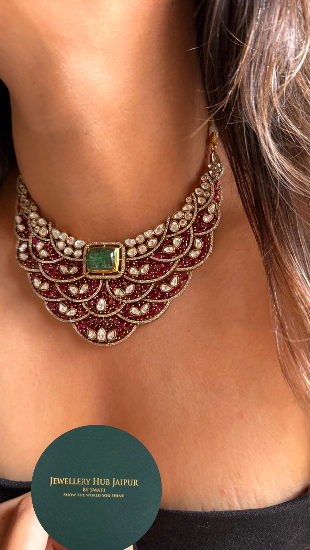 Mint doublet with rani pink feathered designer Necklace