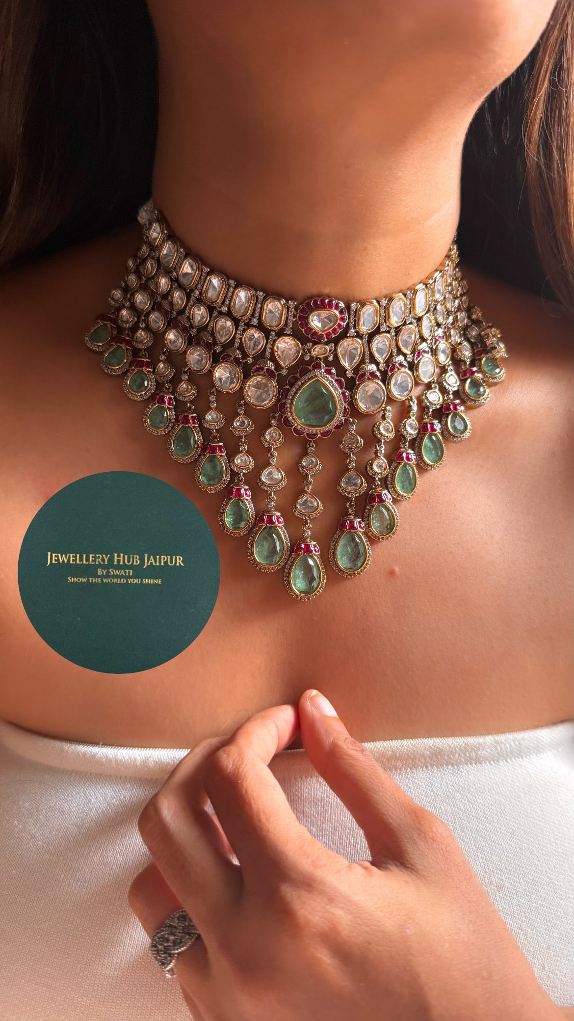 Mint doublet & rani pink moissanite uncut polki bridal choker set