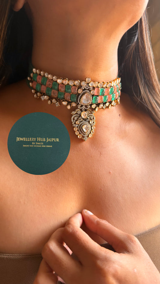 Mint & rose quartz doublet moissanite polki choker set