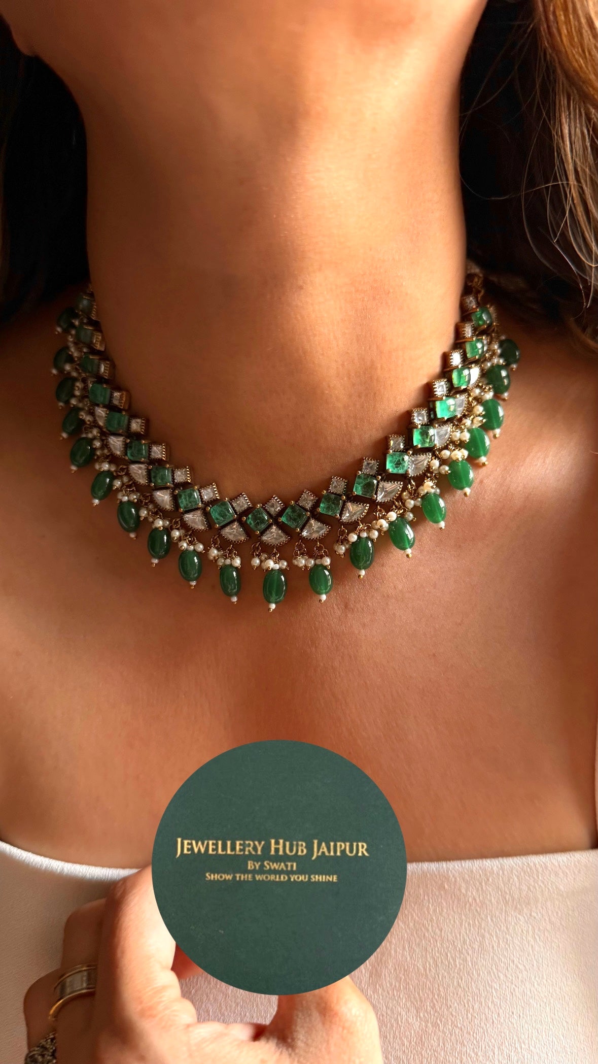 Emerald doublets with drops collar necklace