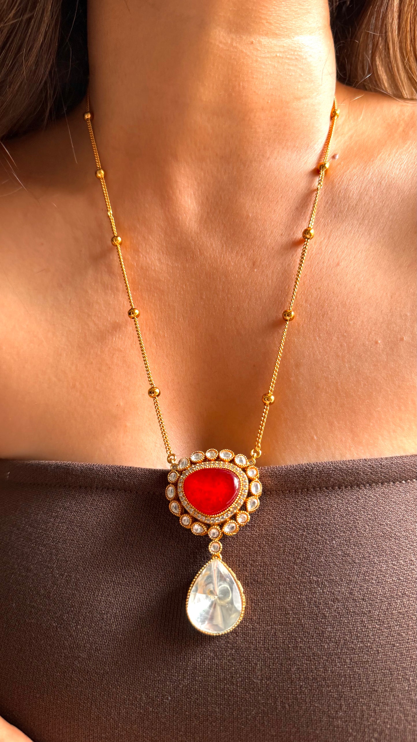 Ruby doublet moissanite uncut polki pendant set