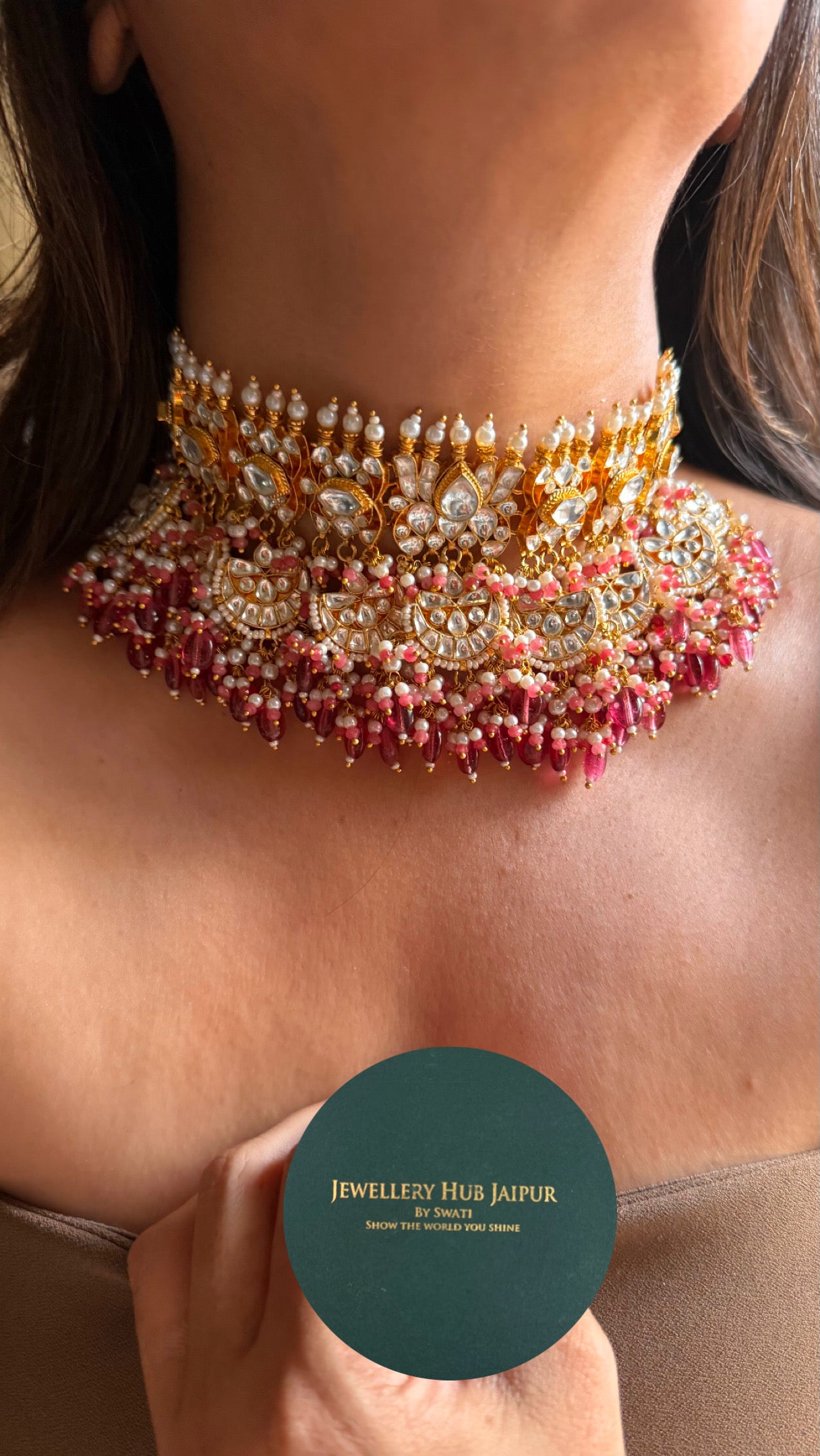 Lotus inspired chaand nakashi with rani pink drop bridal Necklace