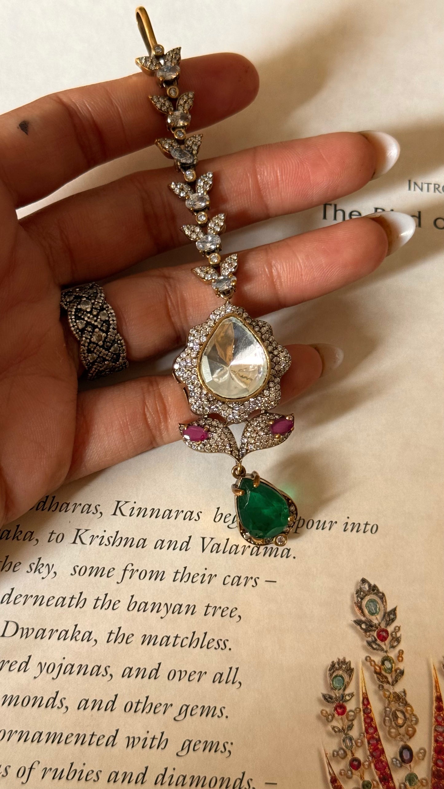 Emerald doublet & moissanite ruby maangtika