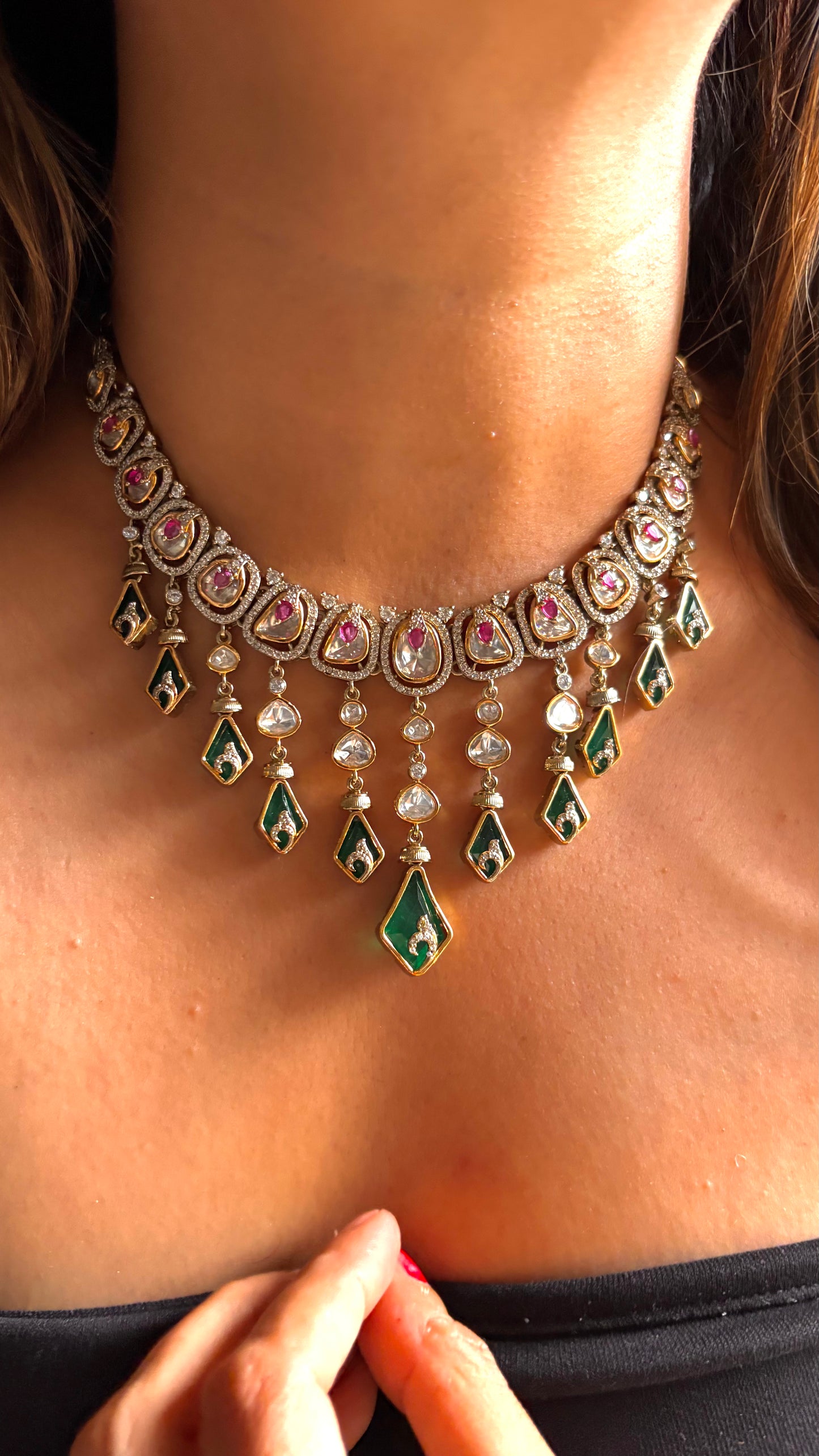 Victorian collar necklace with rani pink & emerald