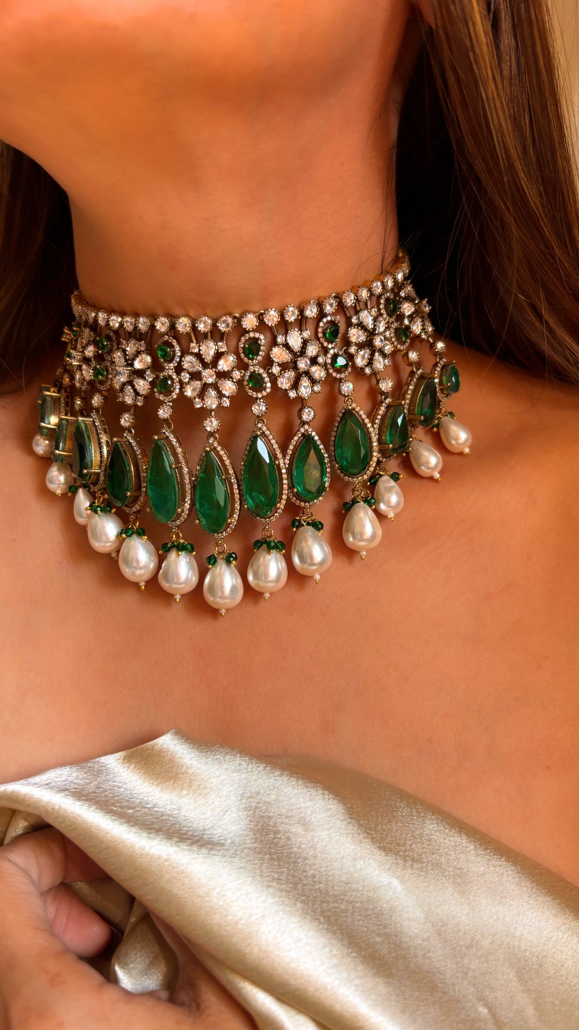Emerald Moissanite victorian choker necklace with earrings