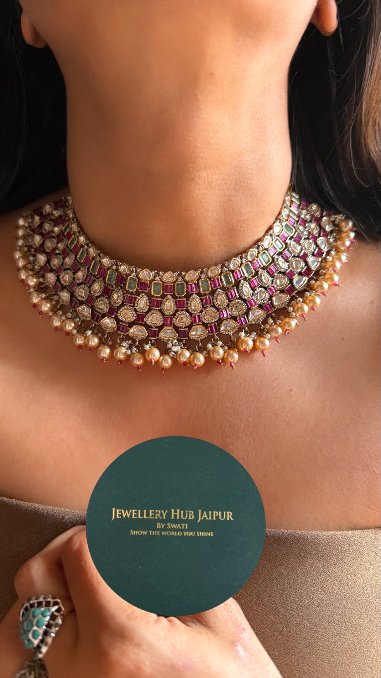 Rani pink ruby & mint real moissanite with drops choker set