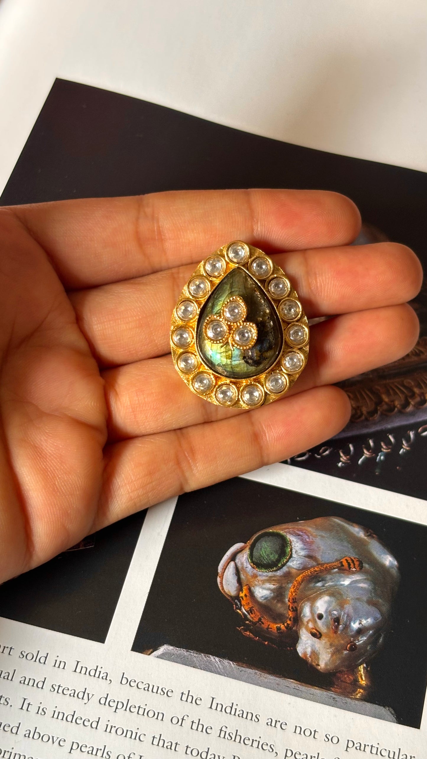 Drop shape real stone carved ring