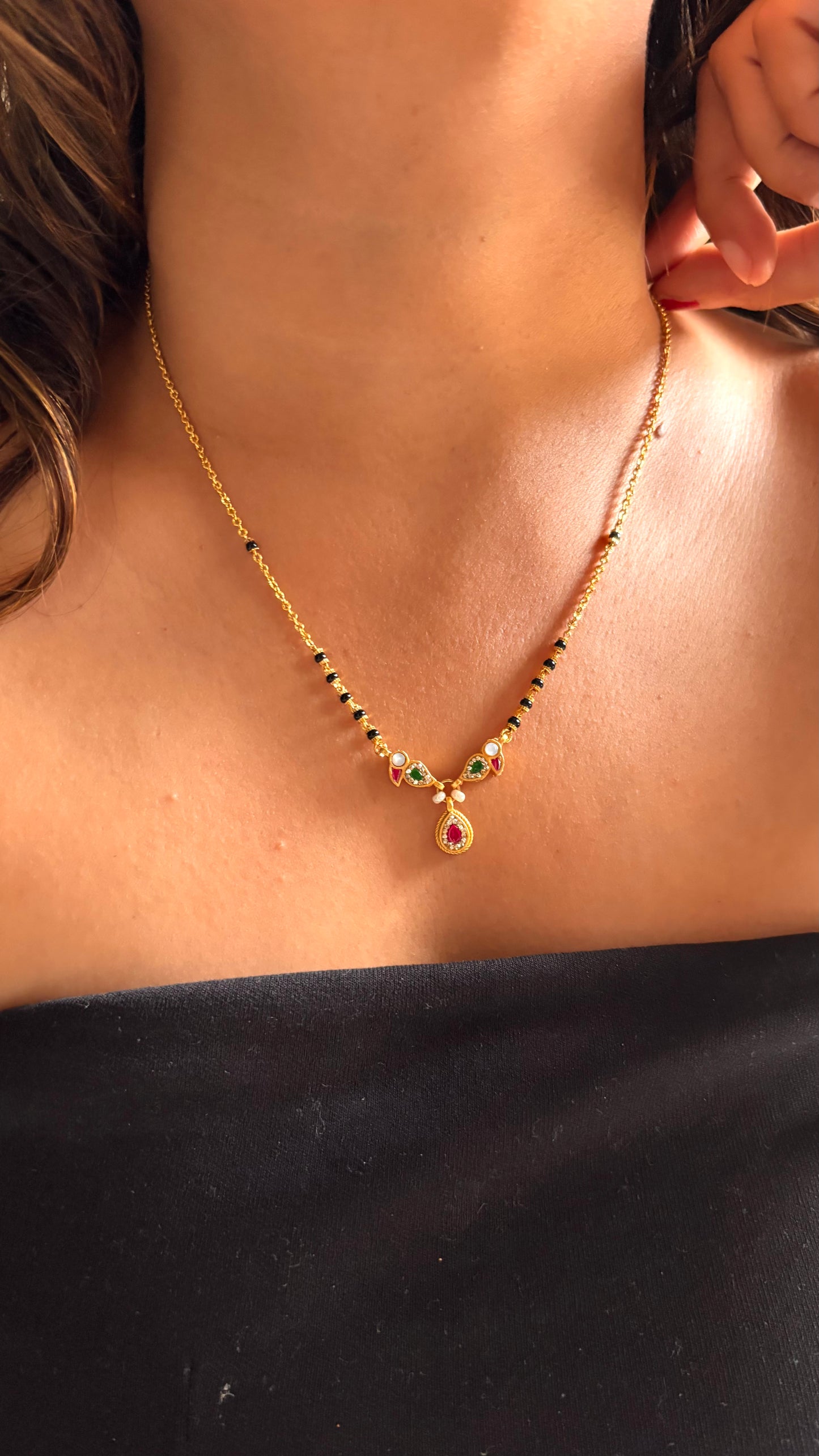 Granite Beaded Mangalsutra with Peacock Pendant & Raw pink stone