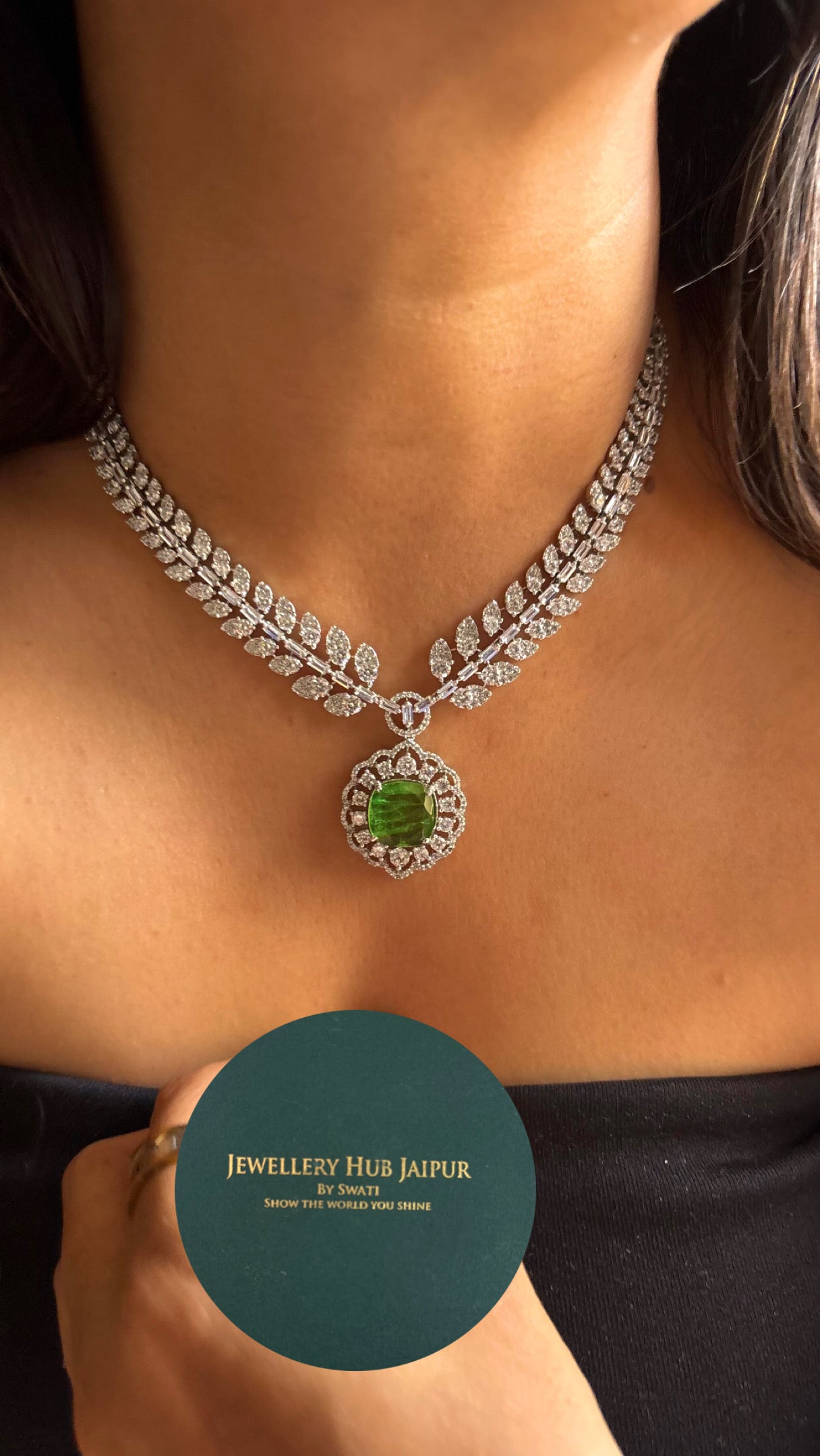 Emerald designer cz leafy crystal necklace