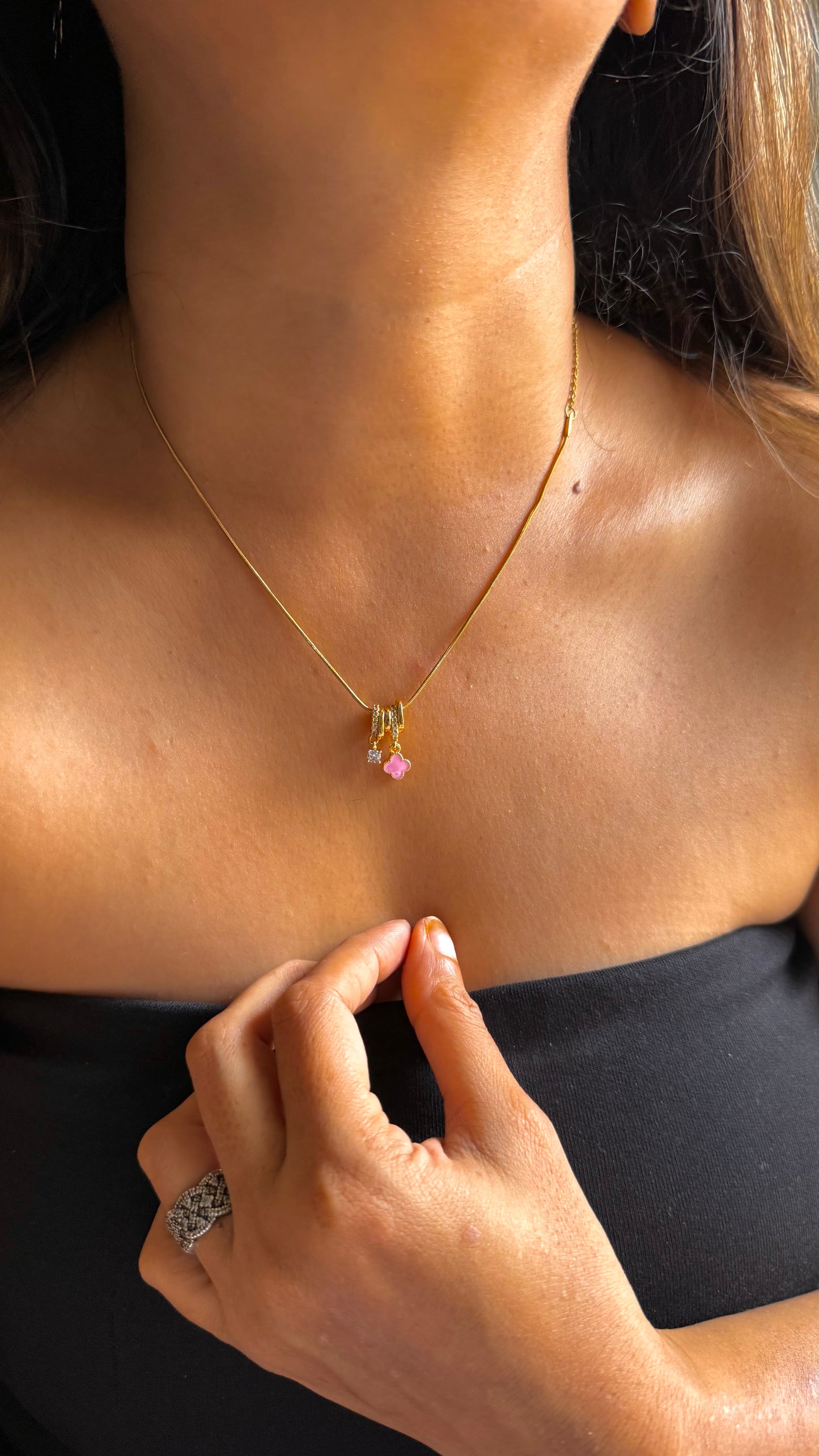 Triple-Ring Pink Stone Drop Necklace