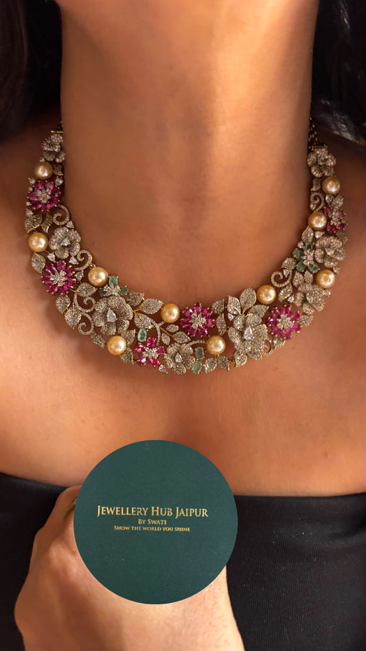 Cz floral designer Necklace with pearl detailing