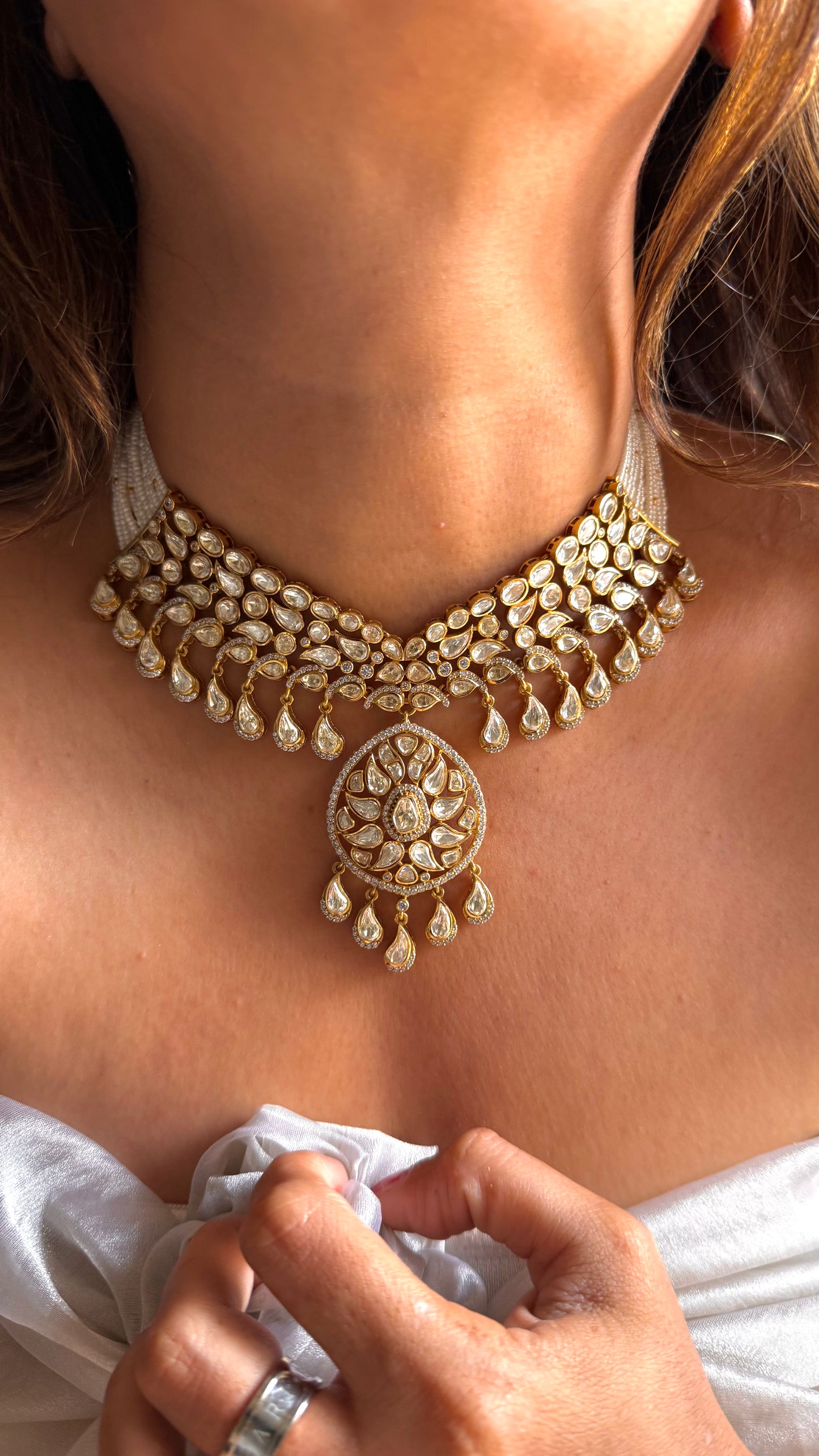 Pearl string real moissanite lv polki necklace