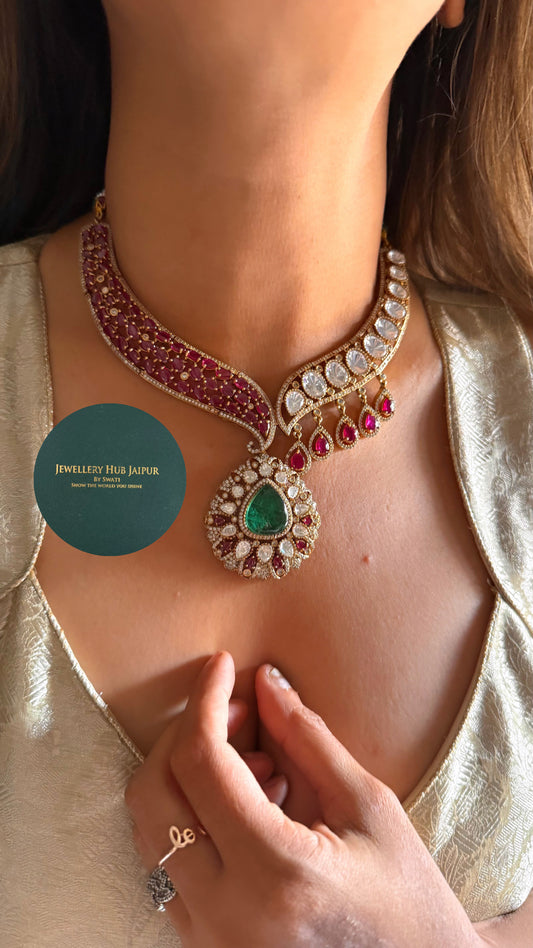 Mohini Emerald doublet & rani pink moissanite polki designer collar necklace