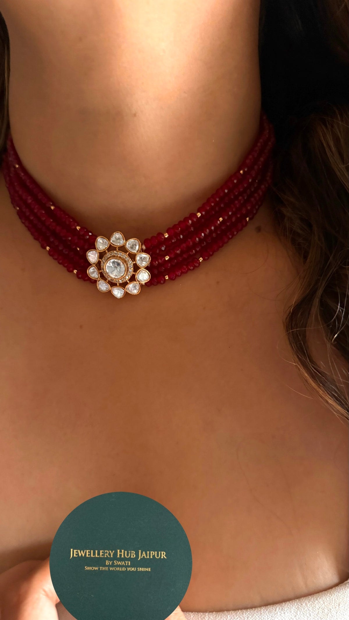 Real Moissanite floral polki rani pink ruby pearl detailing choker necklace