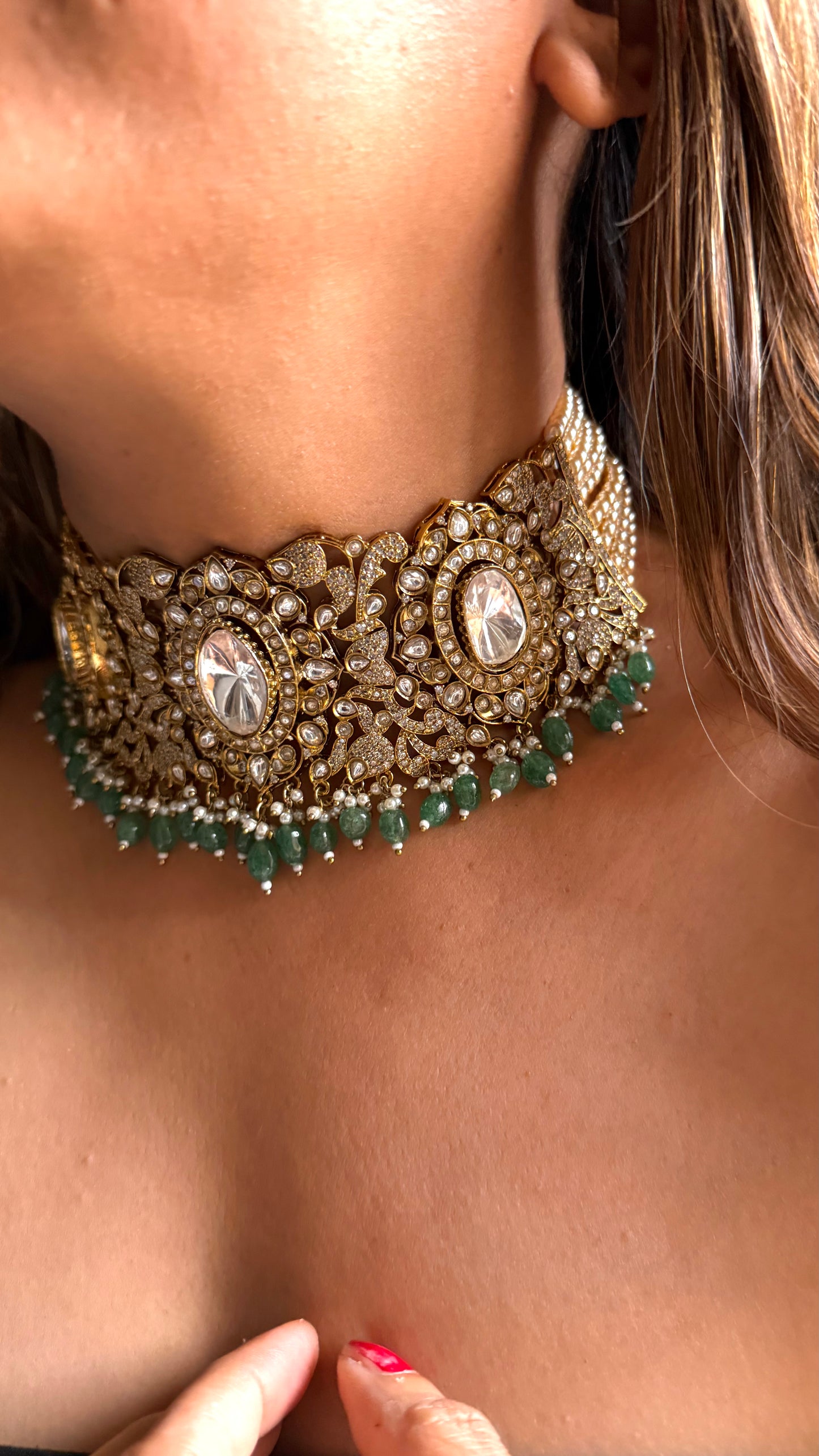 Uncut polki heritage designer necklace with mint drop detailing