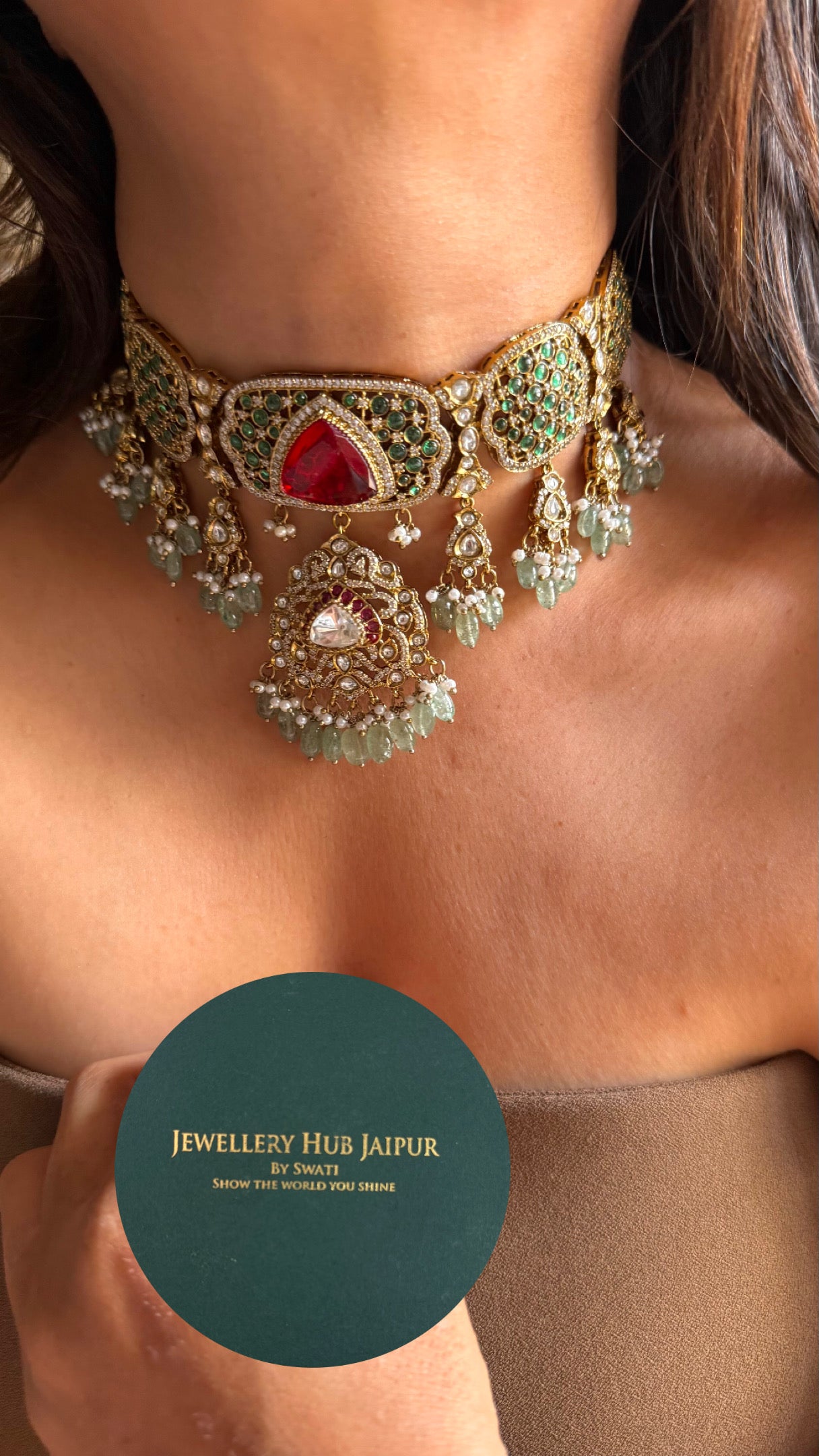 Ruby emerald takkar work bridal necklace