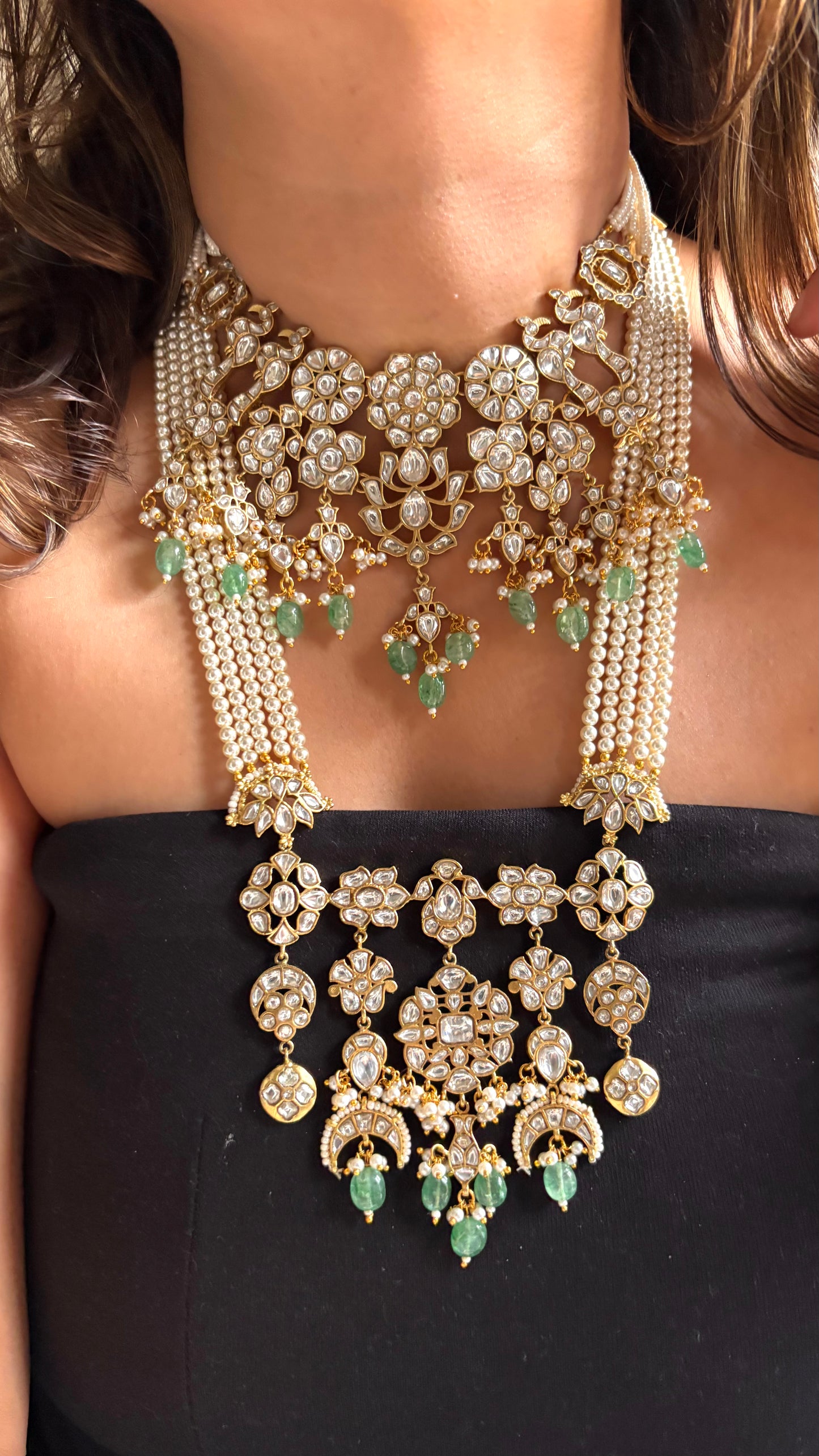 Paachi Necklace combo Set with Floral kundan Detailing & mint drops