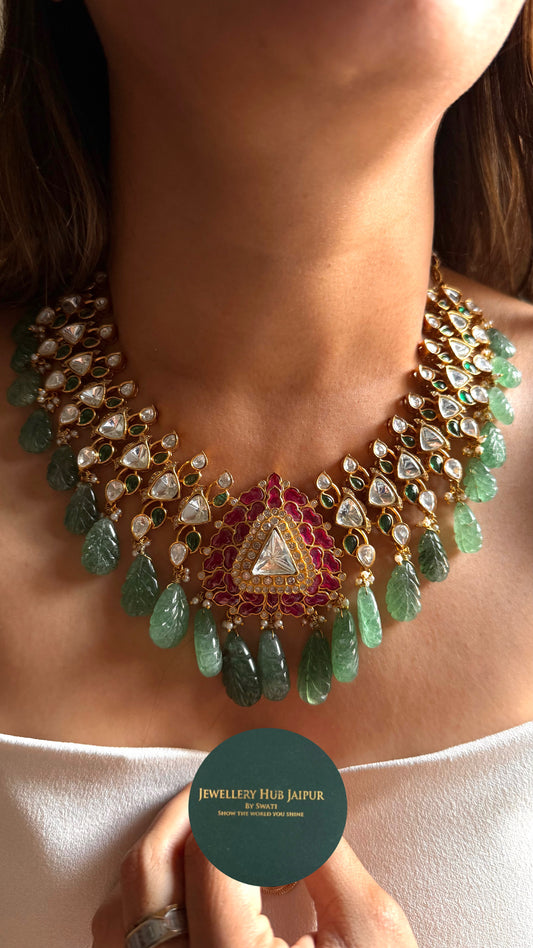 Emerald & ruby katdana moissanite polki with mint drops Necklace