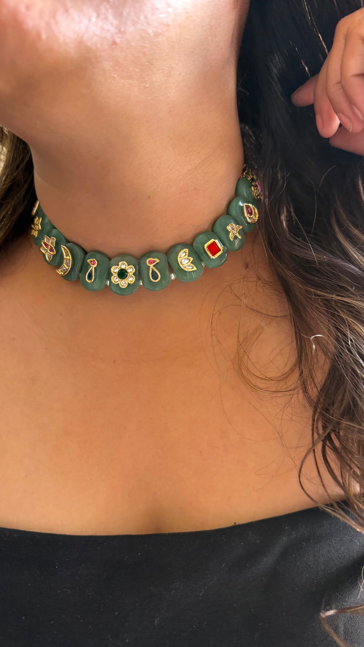 Mint collar choker with gold designer work