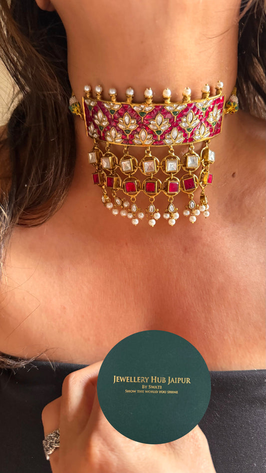 Rani pink ruby paachi kundan jadau handmade choker Necklace
