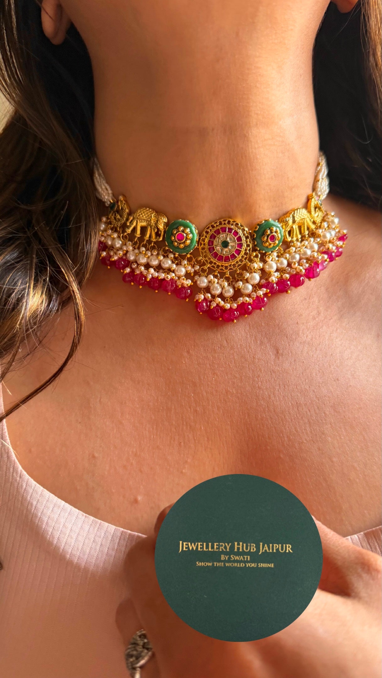 Gajj inspired heritage mint with Rani pink drops choker necklace