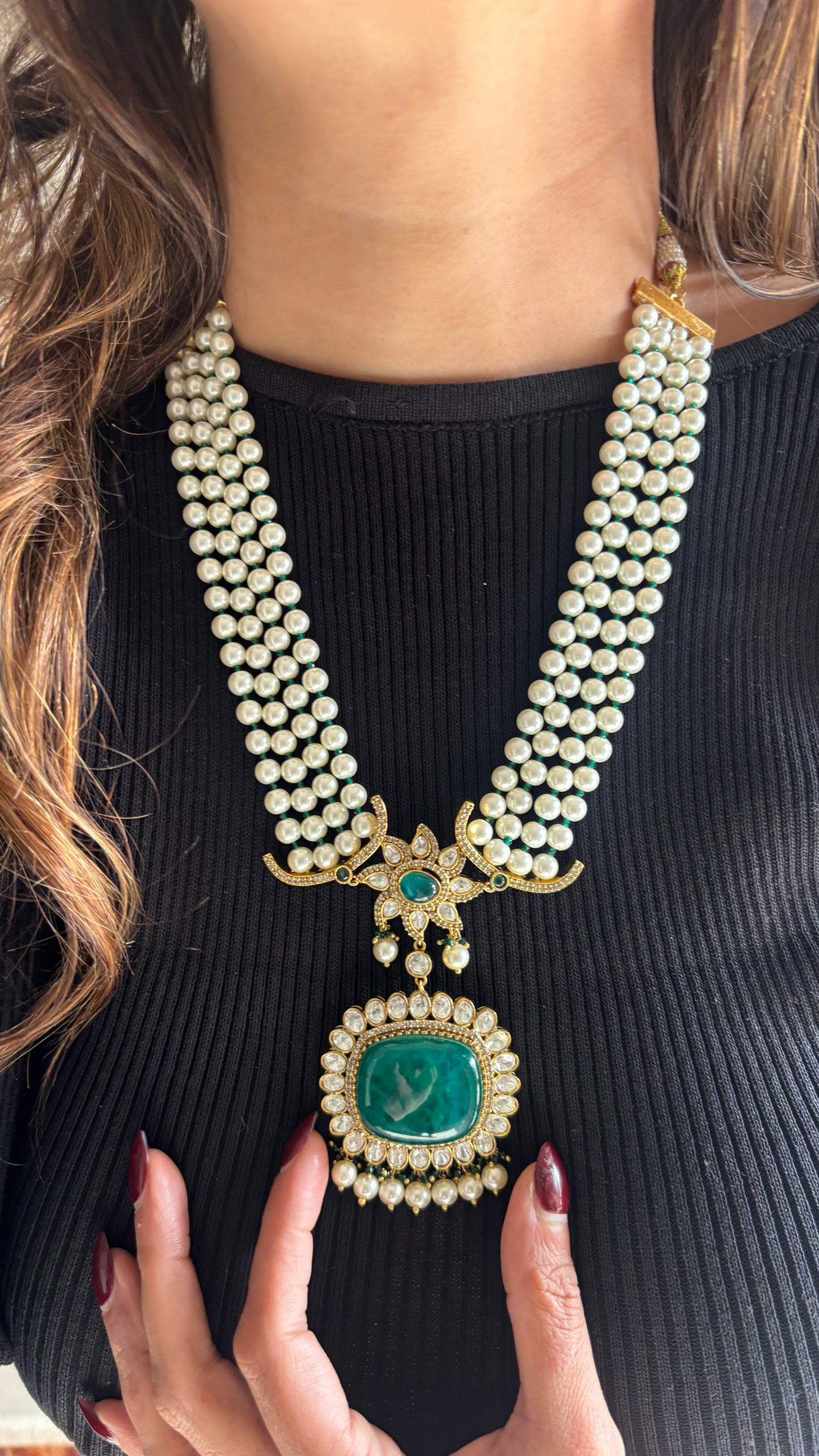 Designer pearl & emerald Moissanite necklace