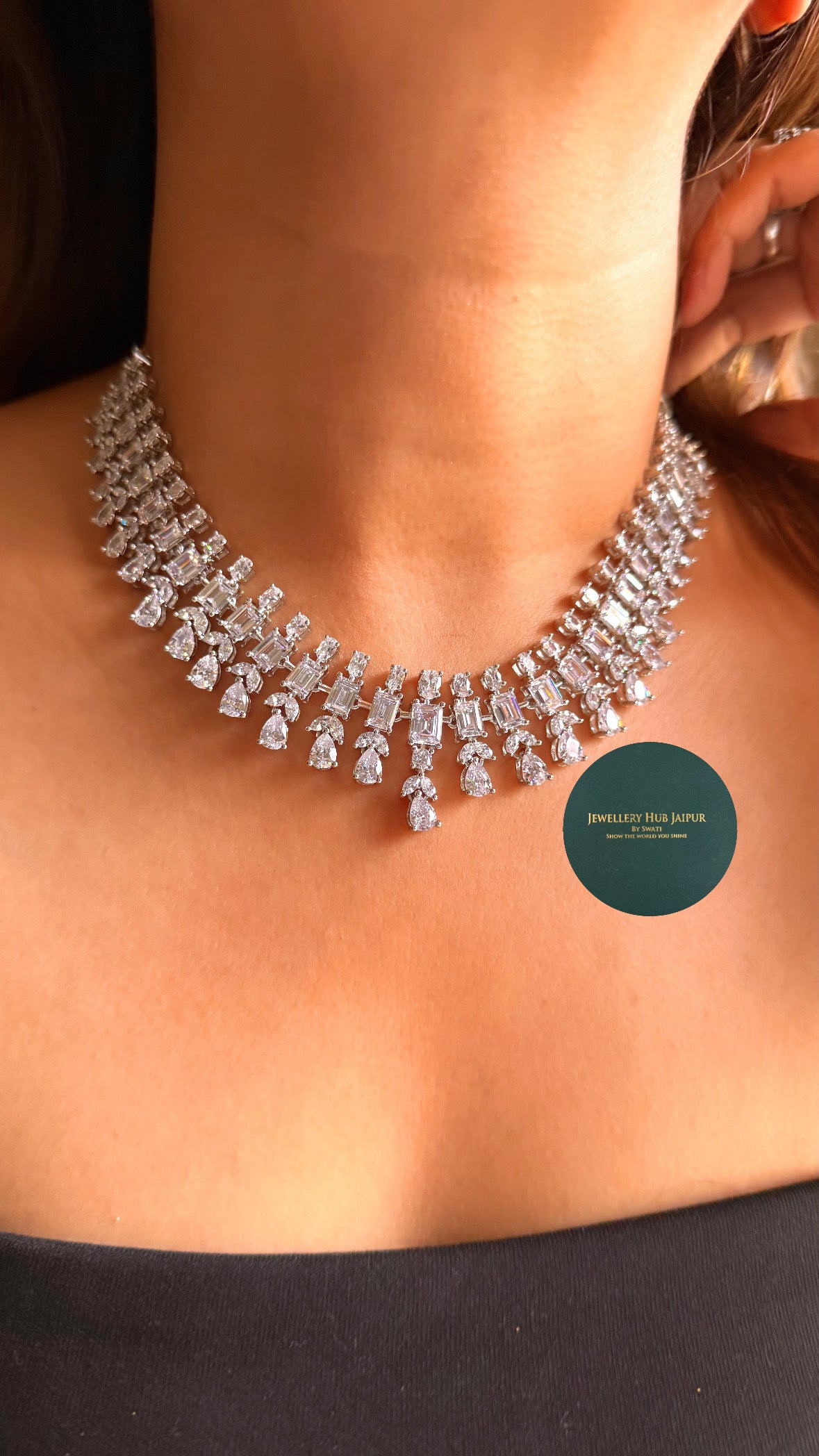 Block & drop shape cz diamond necklace