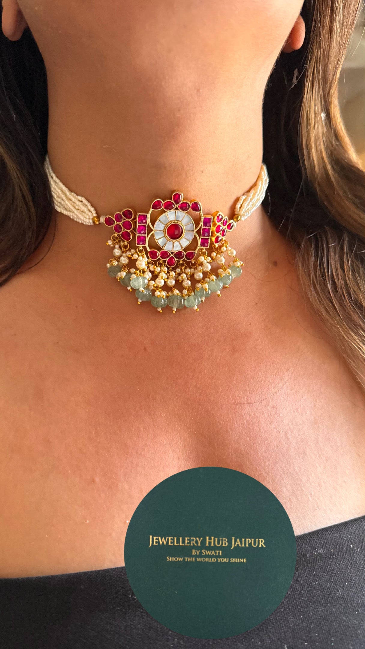 Rani pink ruby & mother of pearl thread choker Necklace
