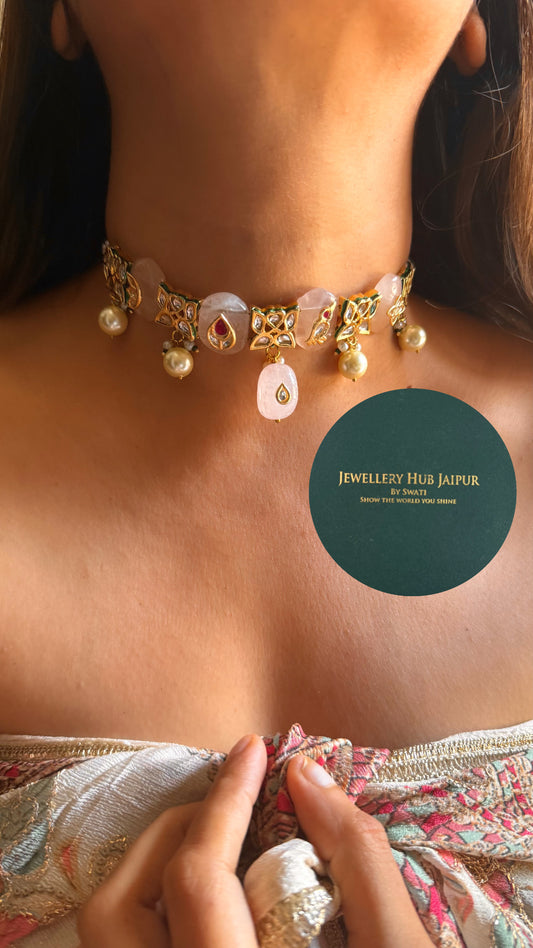 Rose quartz inlay work & emerald meenakari paachi choker set