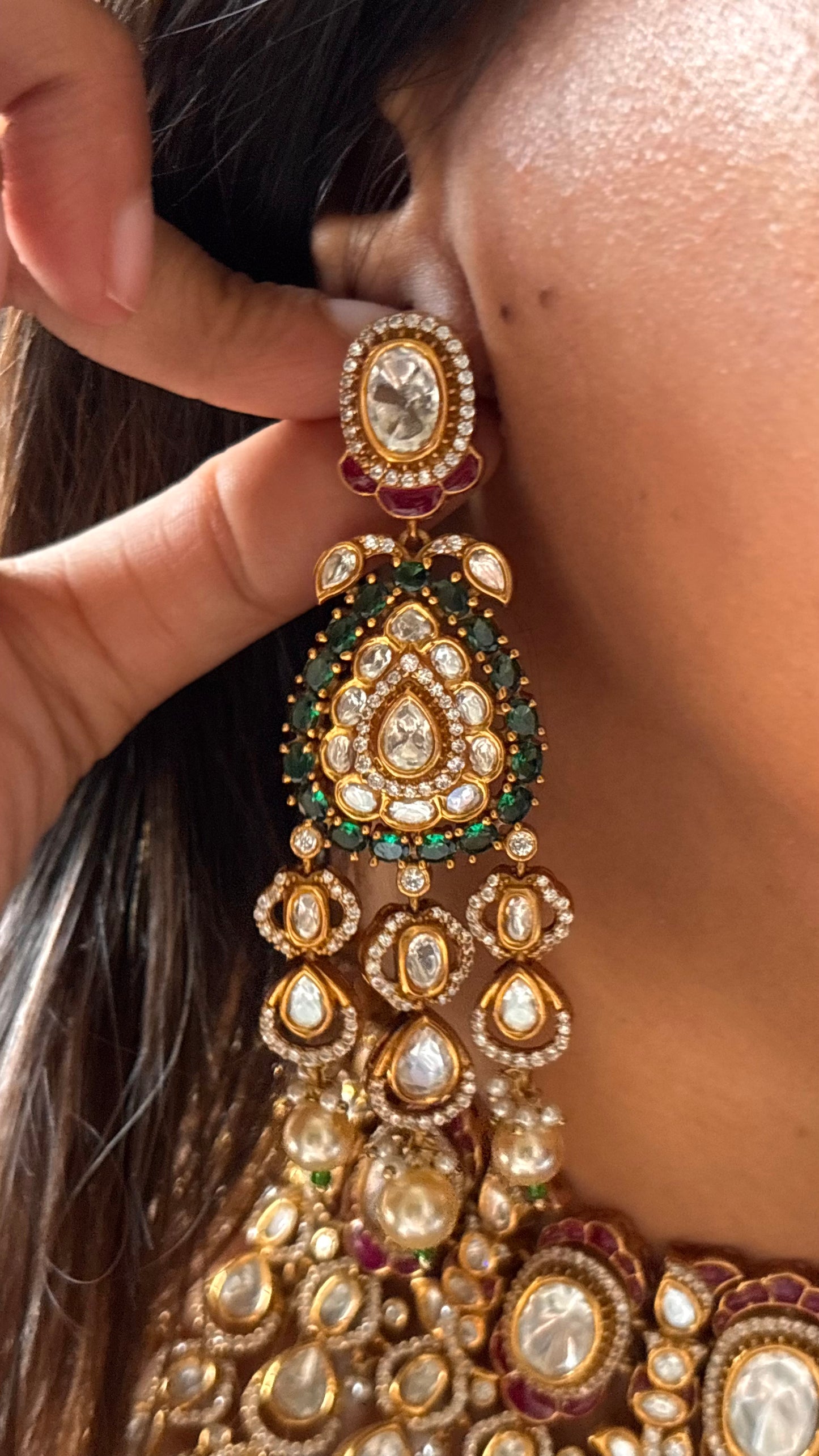 Bridal Asia Rani pink with emerald pearl drops choker Necklace