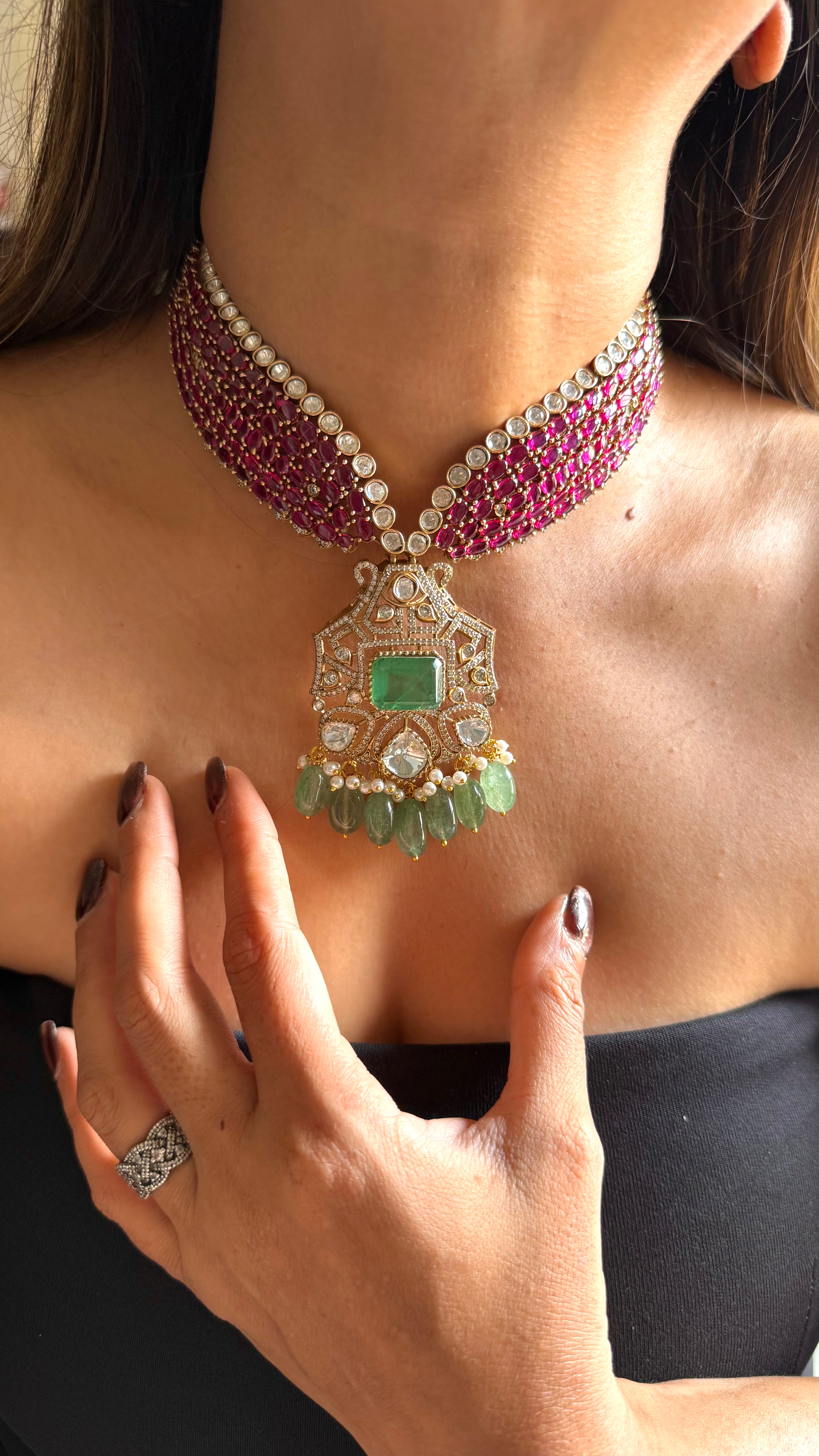 Rani pink & mint moissanite designer necklace with mint drop