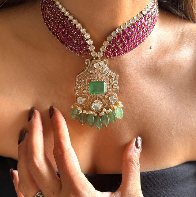 Rani pink & mint moissanite designer necklace with mint drop