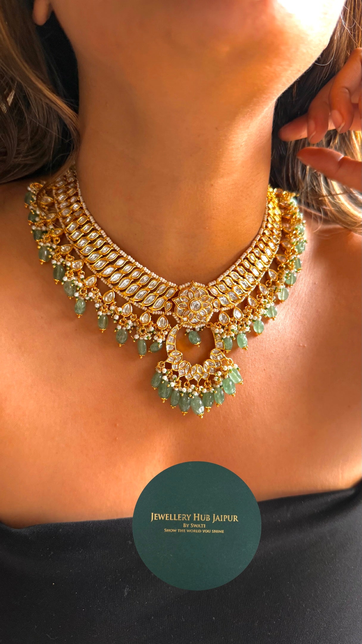 Paachi Kundan floral designer with mint detailing necklace