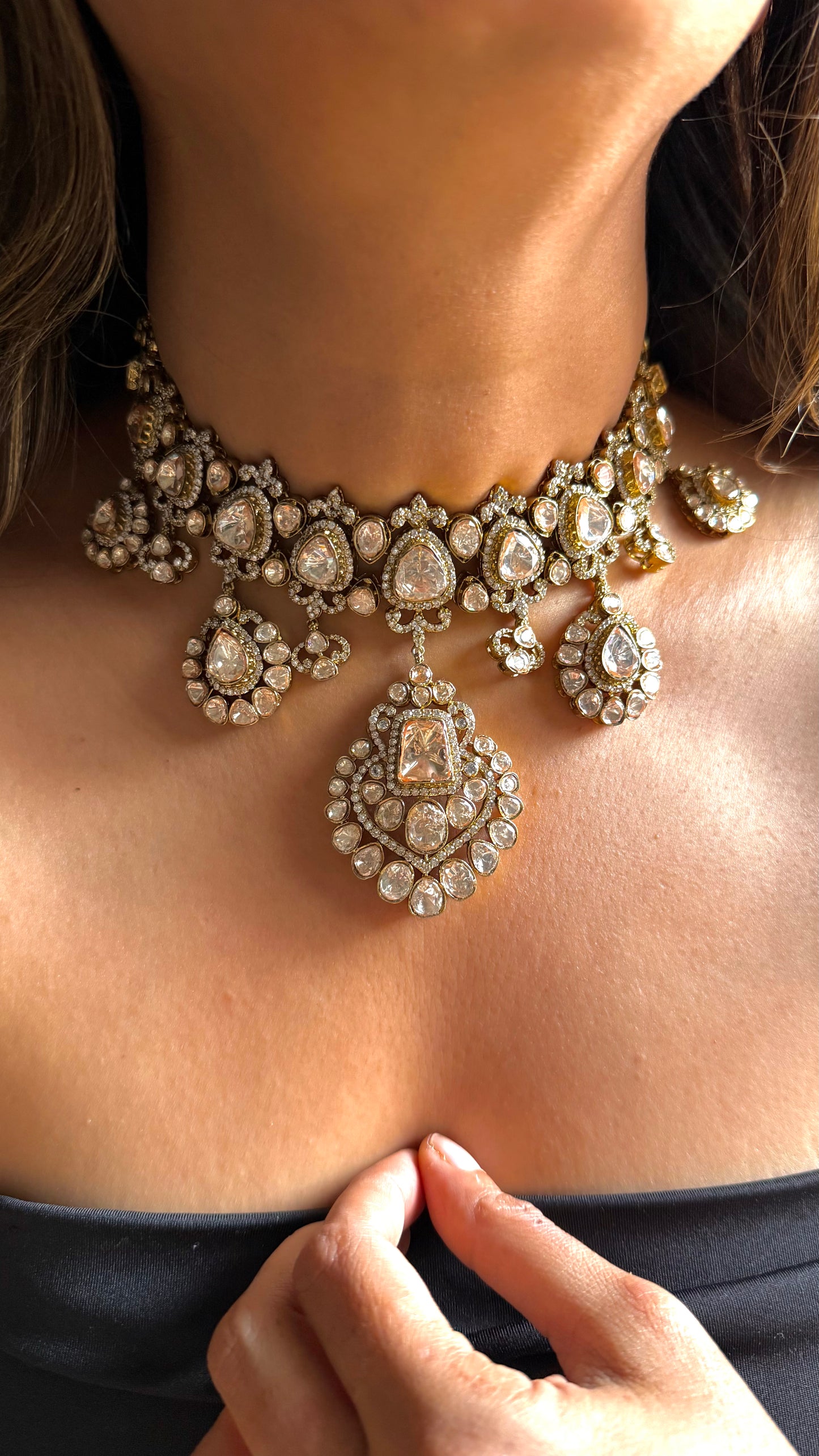 Real Moissanite Polki victorian Statement Necklace