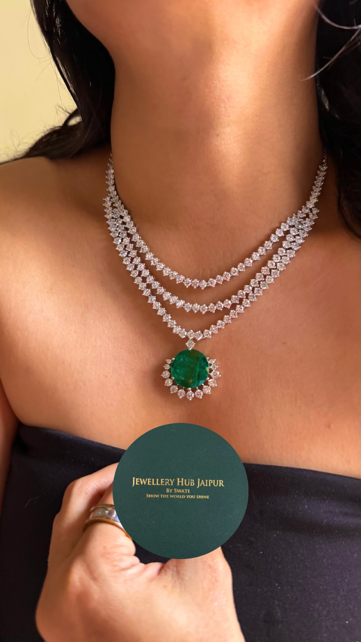 Emerald doublet triple layer cz diamond minimalist necklace