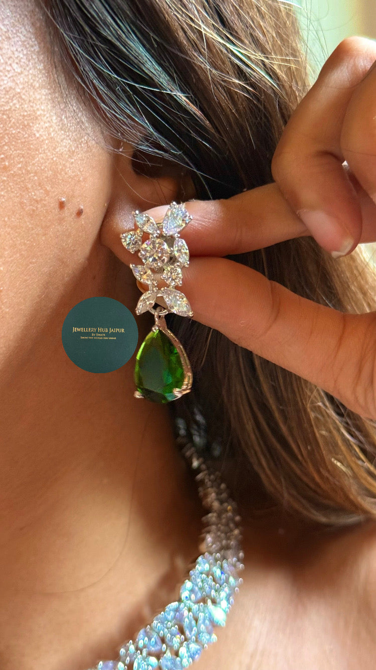 Ojasvi cz diamond cocktail choker set with emerald drops