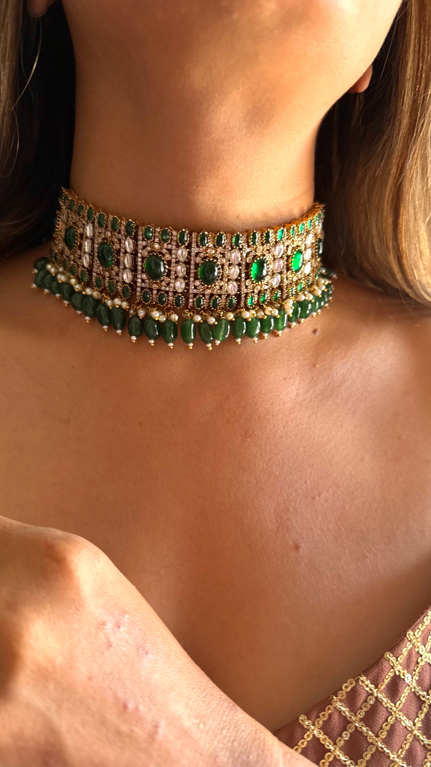Karishma Emerald doublet moissanite choker
