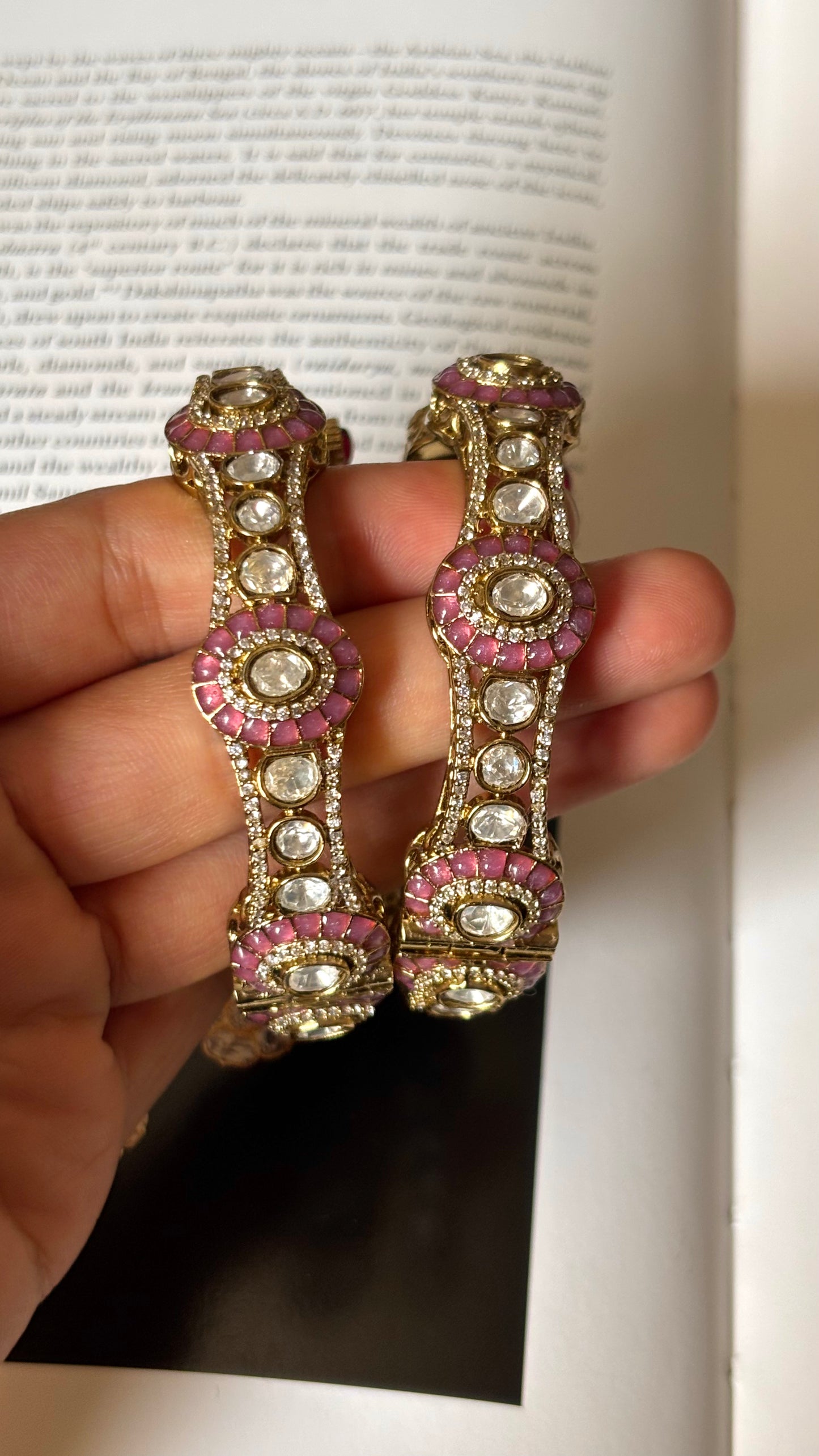 Rose quartz katdana with moissanite polki openable bangles